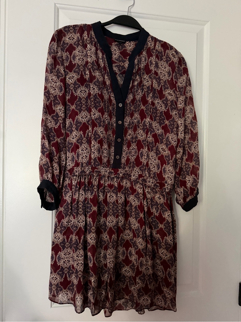 Club Monaco Burgundy Patterned Long-Sleeve Button Dress